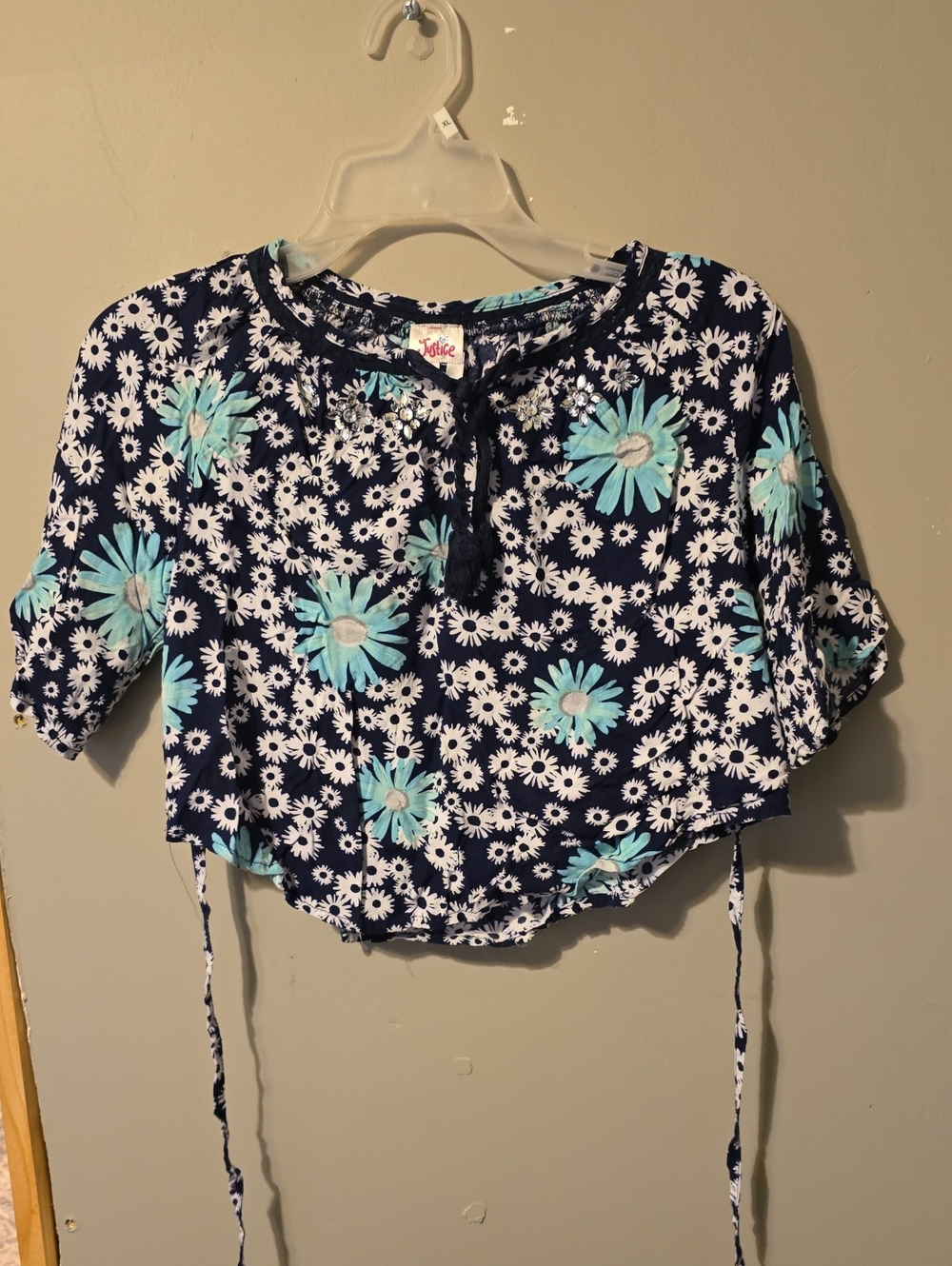 Justice Navy Daisy Tie-back Crop Top with Aqua Accents